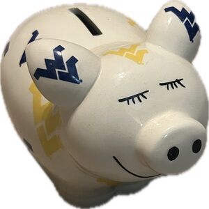 White Piggy Bank with Blue and Yellow Flying WV’s